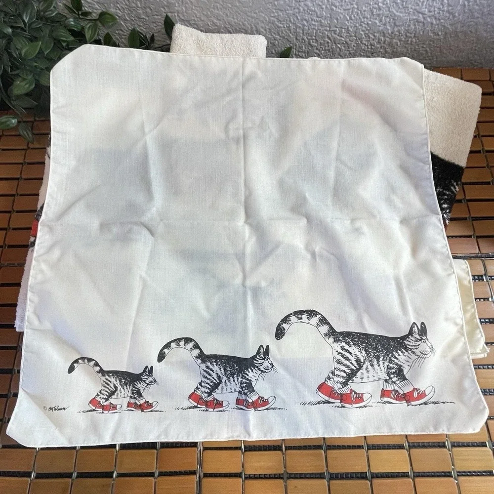 Vtg 70s 80s B Kliban Cat Bathroom Set 6pc Hand Towels Washcloths Handkerchiefs